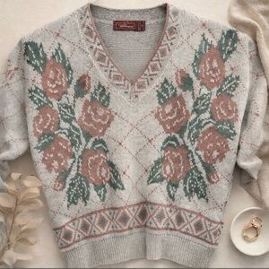 Worthington Essentials Vintage Pink Roses Floral Pullover Knit Sweater Sz Large